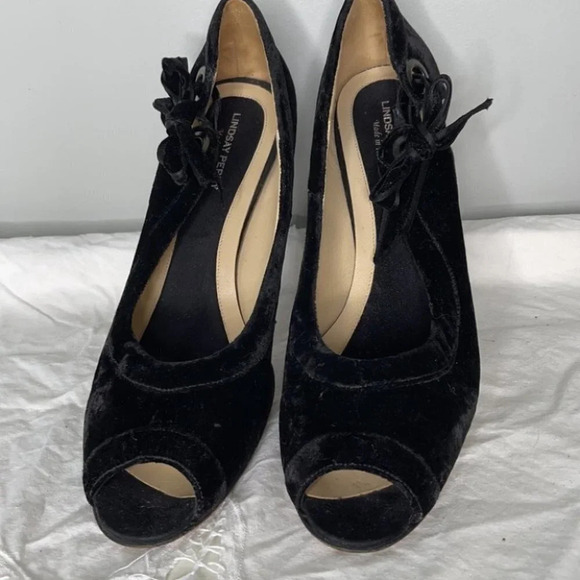 LINDSAY PERRY Velvet Leather Peep Toe Pumps Black Tied Side Size 40 - Picture 3 of 9